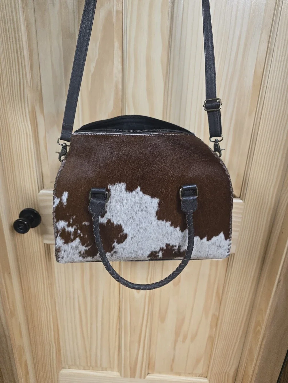 Brown and White Cowhide Dome Satchel - Women's Shoulder Bag